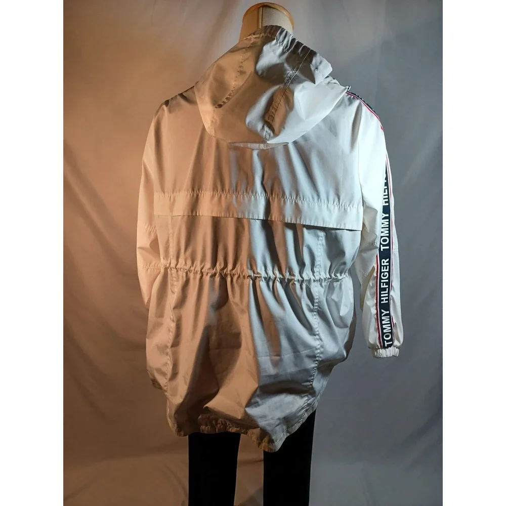 Tommy Hilfiger Jacket Mens 2XL White Hooded Windbreaker‎ Logo Tape Zip Casual